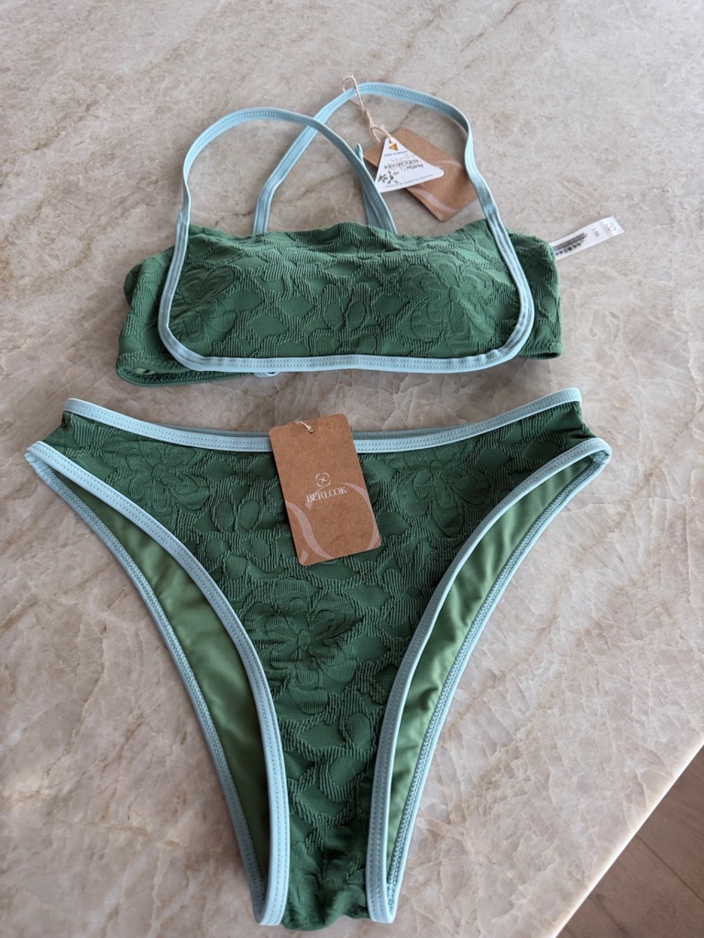 Berlook Bikini Set Small Dark Green Jacquard X Cross Bikini Top NEW - Picture 3 of 9